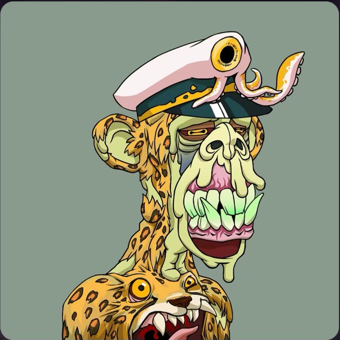 A grotesque cartoon illustration of a melted, multi-layered creature combining leopard spots, a captain's hat, a large eye, tentacles, and a mouth full of sharp teeth.