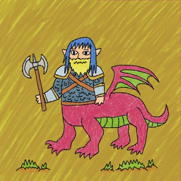 A childlike drawing shows a yellow-skinned centaur-like creature featuring a bearded warrior torso with blue hair and elf-like ears, wielding a battle axe, joined to a pink winged dragon hindquarters, set against a scribbled yellow background with small green grass tufts.