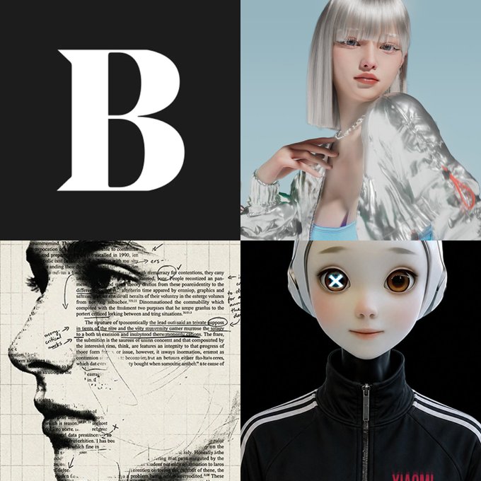 A four-panel collage featuring a large letter 'B' on a black background, a portrait of a person in a silver jacket, a double-exposure image of a profile over text, and a 3D-rendered figure with heterochromia wearing a Xiaomi tracksuit.
