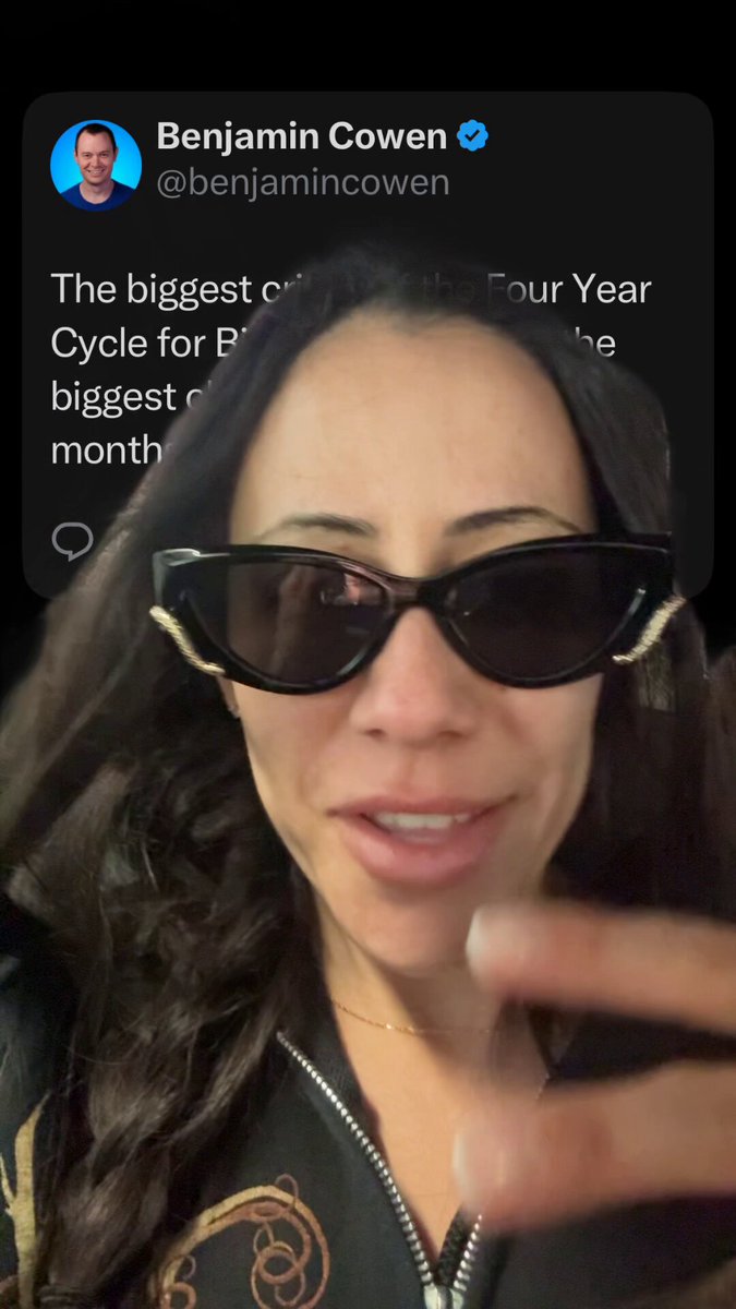 The image features a woman wearing sunglasses, with her face partially visible behind them. She has long hair that falls over her shoulders. The caption of the image reads "I don't understand the anger of the four year cycle. It makes no sense at all." This statement seems to be related to Bitcoin mining and the economic aspects surrounding it.