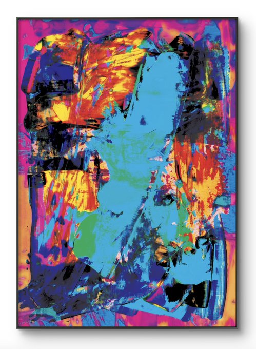 A vibrant, colorful abstract painting featuring a stylized blue figure silhouetted against a chaotic background of pink, orange, yellow, and purple brushstrokes, framed in black.