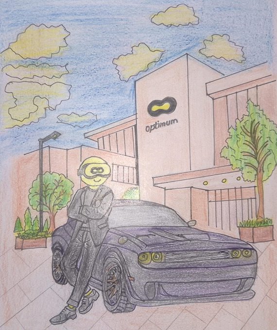 A hand-drawn colored pencil illustration showing a figure in a superhero mask leaning against a black sports car in front of an 'optimum' building, under a sky with clouds.