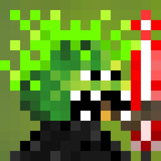 A pixel art image depicting a green character with bared teeth next to a red and white striped object on a green background.