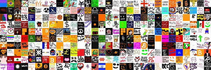 A dense collage of hundreds of small, colorful digital images, stickers, and logos including references to 'MFA,' 'BTC,' 'ETH,' 'Help Pups,' and various pop culture and cryptocurrency symbols.