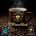 iced coffee with a skull logo and "blackberry powerblock" text, accompanied by a black background and scattered coffee beans.