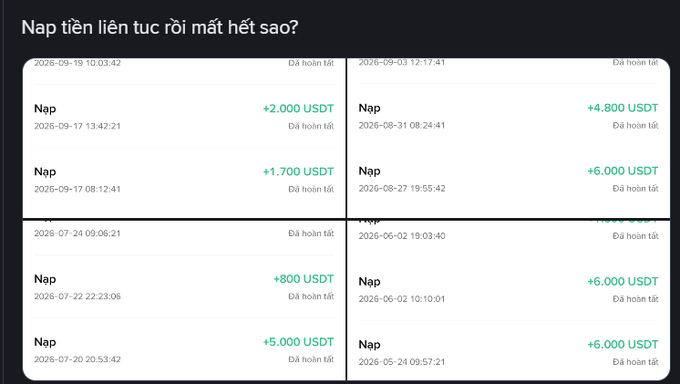 A transaction history screen titled 'Nạp tiền liên tục rồi mất hết sao?' showing multiple USDT deposits ranging from +800 USDT to +6,000 USDT with dates from 2026.