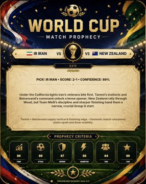 The image features a poster for the World Cup match between Iran and New Zealand. The poster displays the date of the event, along with the names of the teams participating. It also includes a list of statistics about the teams' performance during the match. The text on the poster reads "I bet on Scotland in match with Haiti on FIFA World Cup 2026 on @Polymarket and won - because Cookieverse AI Match Prophecy picked Scotland first And every time, when I create these prophecies, I also contribute to the @base agentic economy through x402 payments".