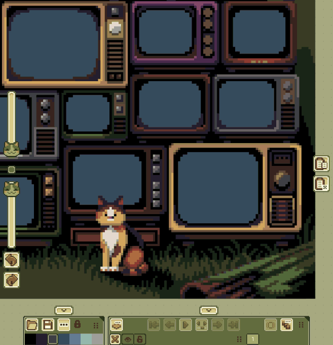 Pixel art scene showing a calico cat sitting in front of a wall stacked with retro CRT televisions of various sizes and colors, with a pixel art editing toolbar visible at the bottom.