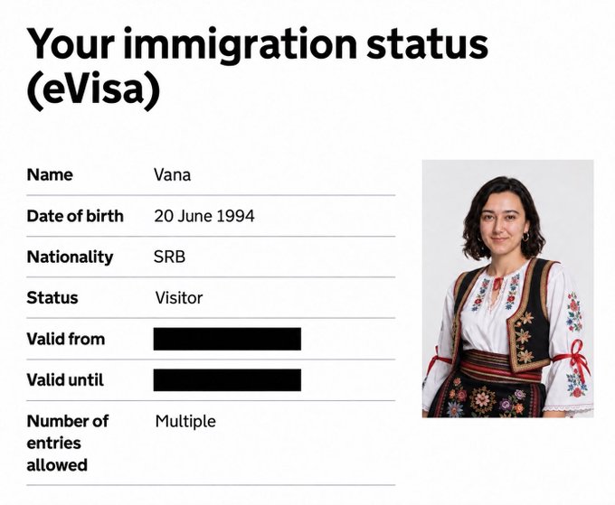 An eVisa document titled 'Your immigration status (eVisa)' for 'Vana', born 20 June 1994, nationality SRB, with status 'Visitor' and 'Multiple' entries allowed.