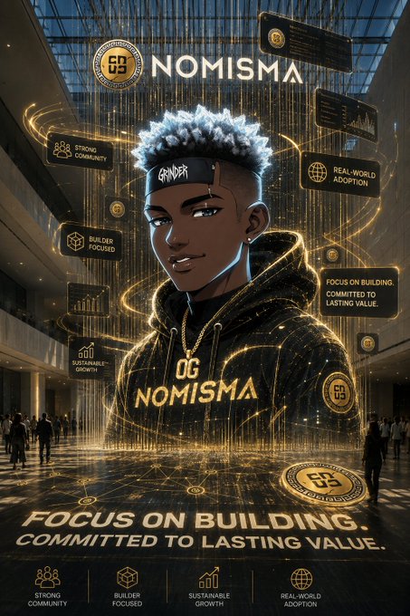 A digital billboard displays an animated figure wearing a "GRINDER" headband and a hoodie featuring the "OG NOMISMA" logo, surrounded by glowing gold data panels highlighting "STRONG COMMUNITY," "BUILDER FOCUSED," "SUSTAINABLE GROWTH," and "REAL-WORLD ADOPTION," with the tagline "FOCUS ON BUILDING, COMMITTED TO LASTING VALUE" projected on the floor. The image visually reinforces the post's message about prioritizing substance over hype by showcasing Nomisma's core values of purposeful, sustainable development over fleeting attention.