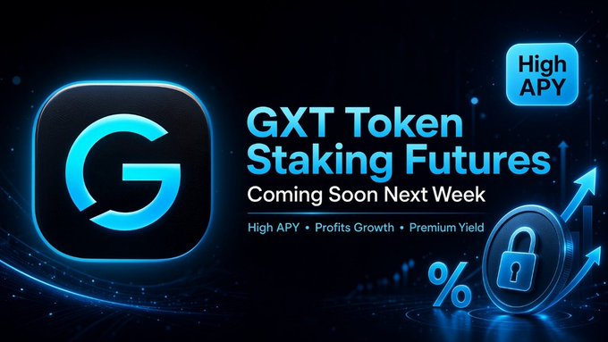 A promotional graphic announcing "GXT Token Staking Futures – Coming Soon Next Week" alongside the GXT logo and a "High APY" badge, visually reinforcing the post's message about upcoming staking opportunities with profits growth and premium yield.