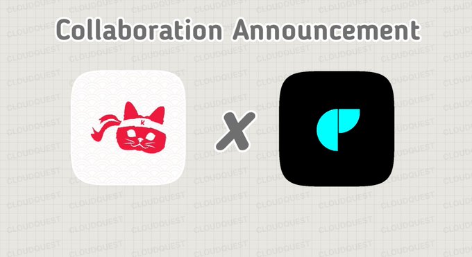 A 'Collaboration Announcement' graphic featuring two app icons with a red cat logo and a teal 'P' logo separated by an 'x', set against a grid background watermarked 'CLOUDQUEST'.