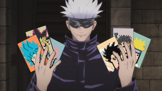 A smug-looking anime character with spiky white hair and a blindfold (Satoru Gojo from Jujutsu Kaisen) holds up colorful pixelated NFT trading cards in both hands, satirizing the post's caption about an "average $zaibatsu NFT collector" as someone hoarding flashy digital collectibles like a proud trader showing off their portfolio.
