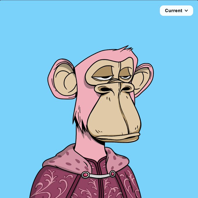 A cartoon illustration of a pink monkey with a serious expression wearing a purple hooded cloak against a light blue background, labeled 'Current' in the top right.