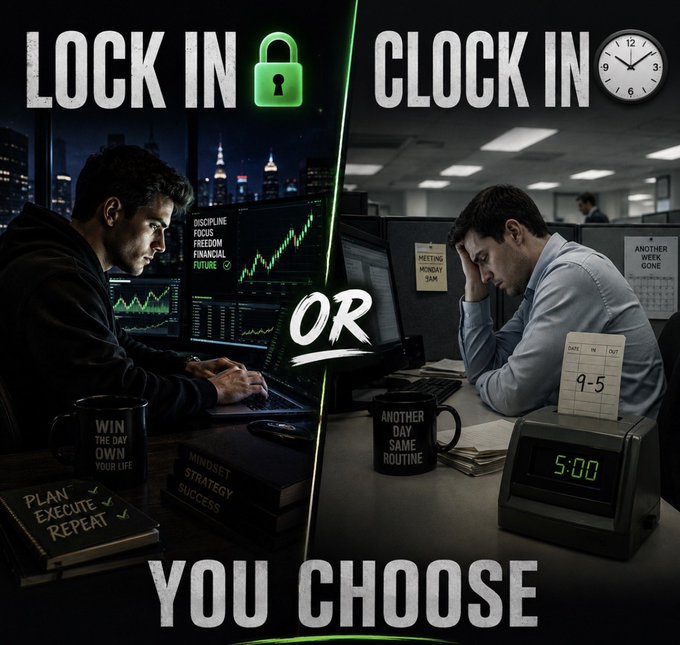 A split image contrasts two lifestyles: on the left, a man works intently at a computer displaying financial charts, surrounded by motivational books labeled "Mindset Strategy Success" and a "Win the Day, Own Your Life" mug, under the bold text "LOCK IN" with a green lock icon. On the right, a man sits exhausted at his cubicle desk beneath "CLOCK IN," accompanied by a "9-5" time card, a "5:00" digital clock, and a mug reading "Another Day Same Routine," visually representing the post's message that one must choose between building financial freedom through discipline or being trapped in a repetitive job cycle.