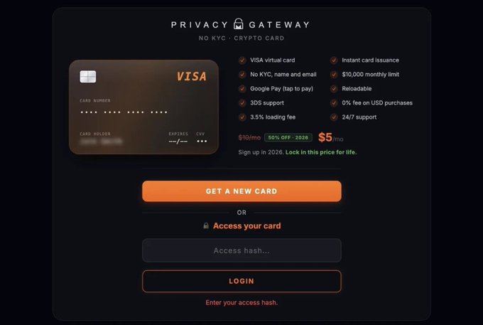 A promotional graphic for 'Privacy Gateway' featuring a VISA virtual crypto card with 'NO KYC' listed. Features include 'VISA virtual card', 'No KYC, name and email', 'Google Pay', '3DS support', '3.5% loading fee', 'Instant card issuance', '$10,000 monthly limit', 'Reloadable', '0% fee on USD purchases', and '24/7 support', with a discounted price of $5/mo (50% off until 2026).