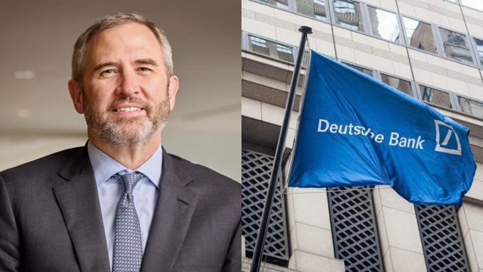 A split image showing a man in a dark suit and blue tie on the left, alongside the blue Deutsche Bank flag with its logo waving outside a building on the right. The composition visually supports news of Deutsche Bank's $1.5 trillion institution integrating Ripple technology for cross-border payments and digital asset custody.