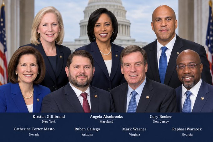 The image is an official Democratic Senate group portrait taken in front of the U.S. Capitol, featuring seven senators identified by nameplates: Kirsten Gillibrand (New York), Angela Alsobrooks (Maryland), Cory Booker (New Jersey), Catherine Cortez Masto (Nevada), Ruben Gallego (Arizona), Mark Warner (Virginia), and Raphael Warnock (Georgia), all smiling in professional attire with American flags flanking the scene. The accompanying post highlights these senators as the Democrats pushing to re-vote on the Clarity Act, framing the recent defeat as a setback but not the end of their commitment to establishing clear federal regulations, directly tying the pictured lawmakers to the ongoing legislative effort.