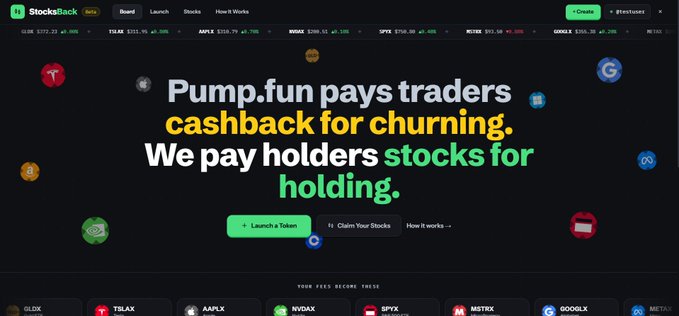 This image shows the Stocksback website homepage with the headline "Pump.fun pays traders cashback for churning. We pay holders stocks for holding," along with "Launch a Token," "Claim Your Stocks," and "How it works" buttons. The post relates to the platform's upcoming features, specifically the introduction of auto-staking LP using jitoSOL for 7% APY, complementing the site's existing token launch and stock-claiming services visible in the interface.