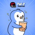 A cartoon character of a blue and white penguin holding a bubble tea drink, with a 'Pudgy Penguins' logo in the top left corner against a blue background.