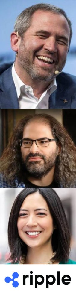 The image features three portrait photos stacked vertically—two men and a woman—above the Ripple logo, visually representing key figures associated with Ripple as referenced in the post about the company's founder explaining the XRP Ledger's native properties in a 2014 clip.