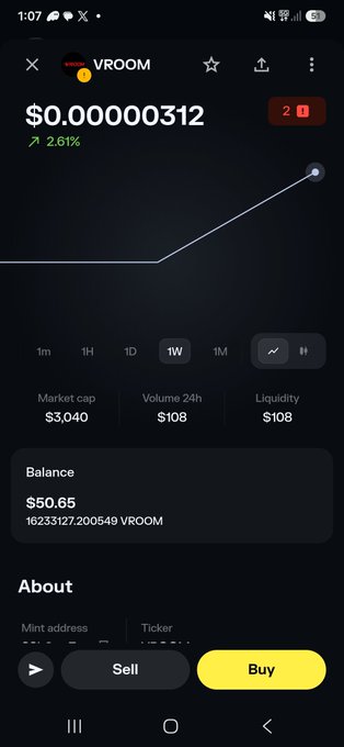 A mobile screen shows a cryptocurrency called VROOM priced at $0.00000312 with a 2.61% increase, a balance of $50.65, and a market cap of $3,040.