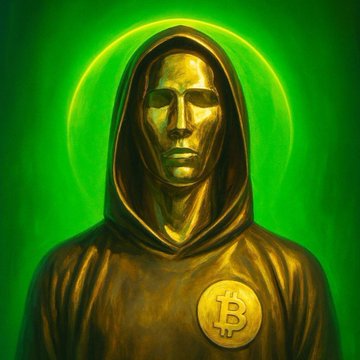 A golden, faceless hooded figure stands against a vibrant green background with a glowing halo, wearing a Bitcoin medallion on its chest—evoking the mysterious, almost mythic persona of Satoshi Nakamoto. The imagery connects to the post by personifying Bitcoin's pseudonymous creator on the 16th anniversary of his explanation of Bitcoin's scarcity-driven value.