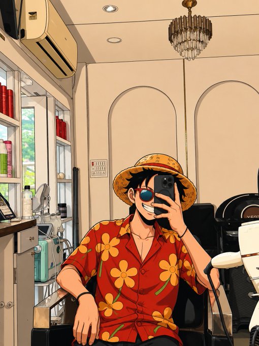 An anime-style illustration of a man in a straw hat and red floral shirt taking a mirror selfie with a smartphone, set in a salon with a chandelier, air conditioner, and product shelves.