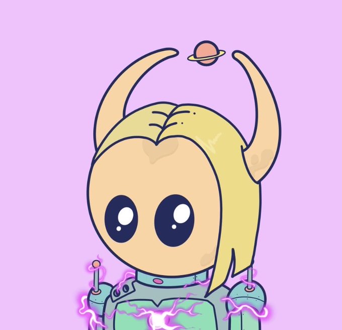 A chibi-style blonde alien character with large black eyes and antennae floats above a small ringed planet, with purple lightning crackling around their suit.