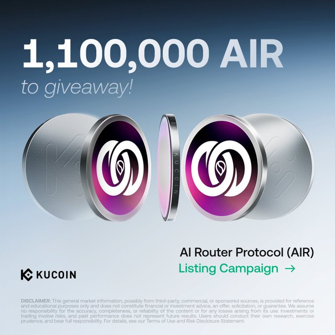 The image is a KuCoin promotional graphic for an "AI Router Protocol (AIR) Listing Campaign" featuring a 1,100,000 AIR giveaway, displaying stylized silver tokens with purple gradients alongside the campaign title. The graphic visually represents the listing campaign details mentioned in the accompanying post, highlighting the prize pool across the GemSlot Carnival and Learn About AIR activities.
