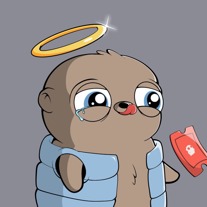 A digital illustration shows a cute, cartoonish otter with big blue eyes wearing a blue life vest and a golden halo above its head, holding a red ticket.