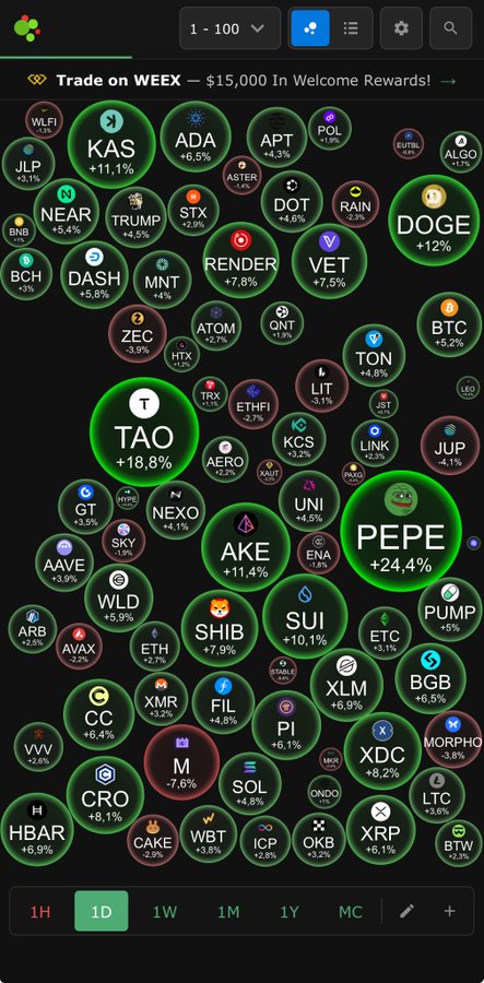 A cryptocurrency market heatmap displays numerous coins with their 24-hour price changes; notable green gains include 'TAO +18.8%', 'PEPE +24.4%', and 'KAS +11.1%'.