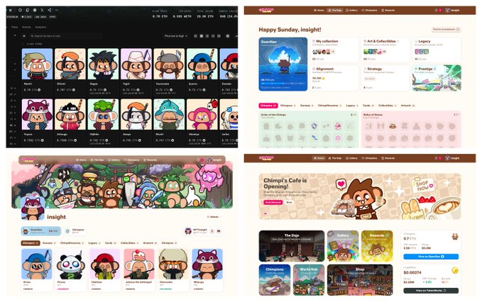 A collage of four screenshots from an NFT marketplace called 'insight', showing various digital collectible characters and collections including 'ChimpFlies'.