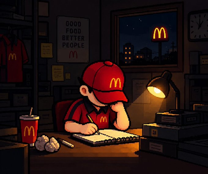 A pixel art illustration of a tired McDonald's employee wearing a red cap with the golden arches logo, slumped over a desk while writing in a notebook, with a 'Good Food Better People' poster on the wall behind them.