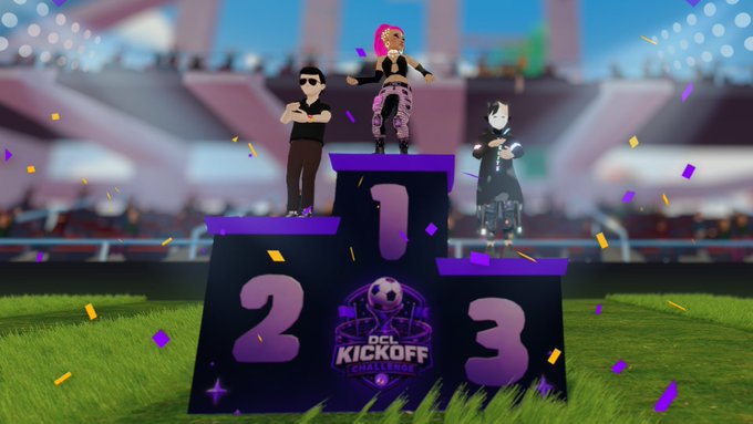 Three avatars stand on a podium marked 1, 2, and 3 with the logo 'DCL KICKOFF CHALLENGE' during what appears to be a Decentraland or virtual world soccer event with confetti falling.
