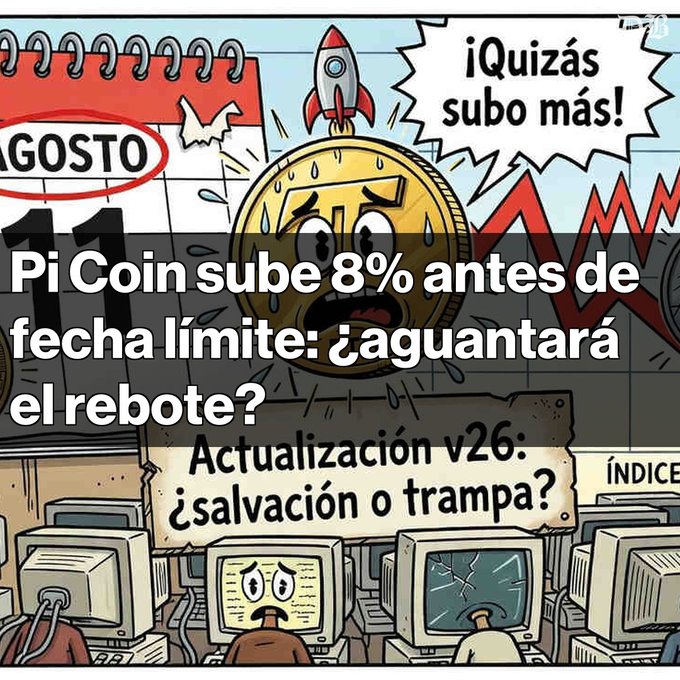 A graphic about cryptocurrency featuring a cartoon gold coin with a rocket, overlaid with Spanish text reading "Pi Coin sube 8% antes de fecha límite: ¿aguantará el rebote?" and "Actualización v26: ¿salvación o trampa?"