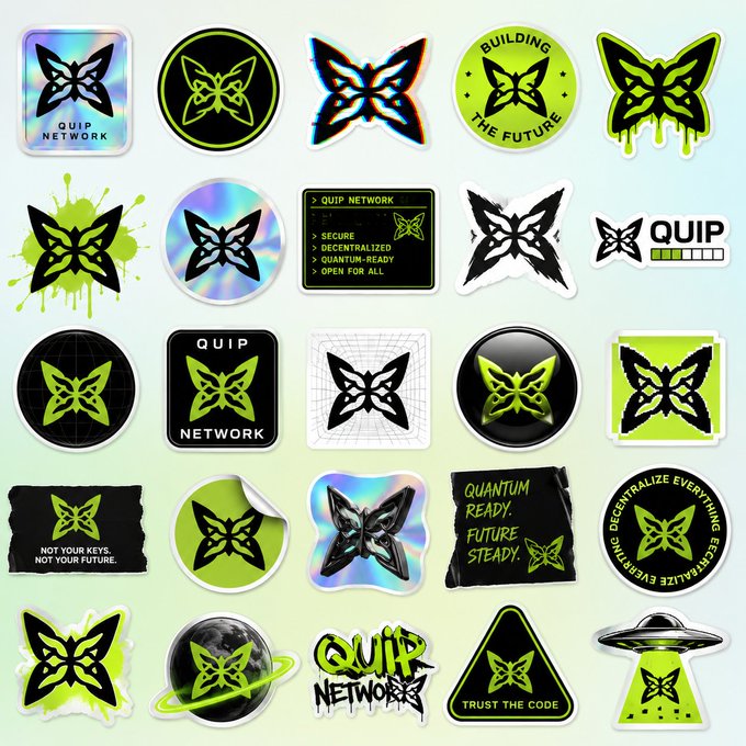 The image features a collection of stickers with various designs and colors, including green and black butterfly icons. The stickers are arranged in rows against a white background, showcasing their unique patterns and shapes. One sticker prominently displays the text "quip network" along with an illustration of a butterfly. Another sticker has a black butterfly design on it, accompanied by the words "native post-quantum security". A third sticker features a green butterfly alongside the phrase "focus on what is in the image and how it relates to the post." The stickers are scattered across the white background, creating a visually appealing and diverse collection.