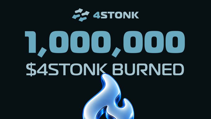 A dark graphic showing "4STONK" logo at the top with the large text "1,000,000" and "$4STONK BURNED" above a blue 3D flame icon.