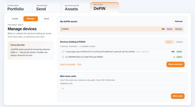 A screenshot of the "DePIN" devices management tab in a Portfolio interface, showing the ATOKIO asset (991 units, Owner) with options to block/unblock 2 devices holding the asset and mint more units. This image illustrates the enhanced DePIN token management features highlighted in the Neurai Addon update.