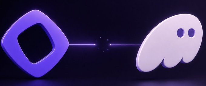 A purple diamond-shaped logo and a white ghost character are connected by a glowing purple line, symbolizing the severed connection between Phantom wallet and the Monad network. The visual metaphor reinforces the post's message about Phantom dropping support for the $MON token, with the ghostly emphasis highlighting the "ghost" in branding Phantom's apparent abandonment of the once-hyped network.