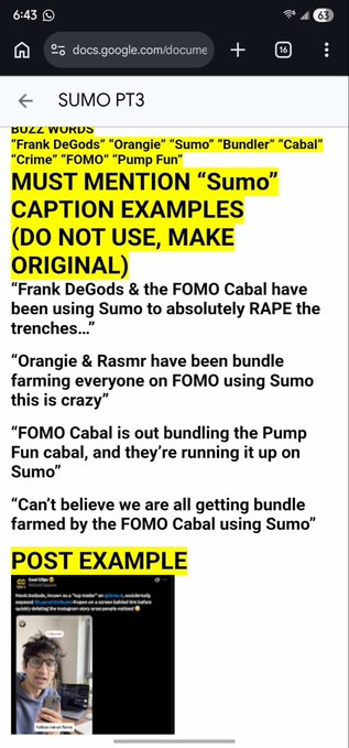 The image shows a Google Doc titled "SUMO PT3" containing buzz words like "Frank DeGods," "Orange," "Sumo," "Bundler," and "Cabal," along with caption examples referencing FOMO and Pump Fun, and a "POST EXAMPLE" featuring a video clip of a person at a desk with a Twitter/X screenshot. The document appears to be a content guide for discussing the Sumo NFT project and its connections to various crypto communities, aligning with the accompanying post that references investigating Sumo's activities and sharing received footage.
