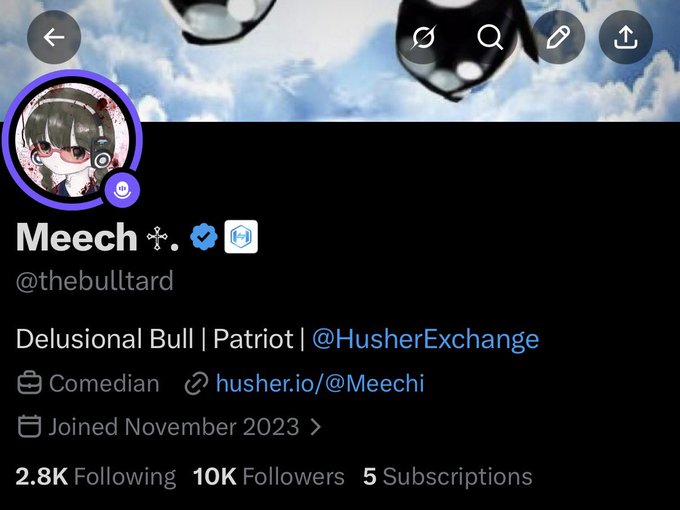 A Twitter/X profile for "Meech" (@thebulltard), showing a verified account with the bio "Delusional Bull | Patriot | @HusherExchange," a comedian badge, and 10K followers. The image celebrates the user hitting the 10K follower milestone referenced in the giveaway post offering $200 in USDC on SOL.