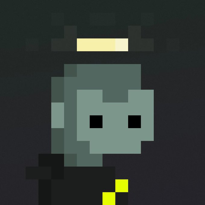 A pixel art image showing a gray-skinned character with a halo above its head, black eyes, and yellow accents on its dark clothing, set against a dark background.