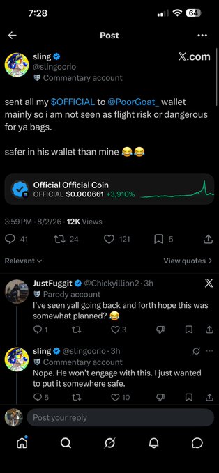 The image shows an X post by @slingoorio explaining they sent all their $OFFICIAL tokens to @PoorGoat's wallet to avoid being seen as a "flight risk" or "dangerous for ya bags," claiming it's safer there than in their own wallet. The accompanying "Bruh" caption likely refers to @JustFuggit's reply questioning if this was a "planned" move, with @slingoorio clarifying they "won't engage with this" and just wanted to put it somewhere safe—an exchange the commenter found amusing or absurd.