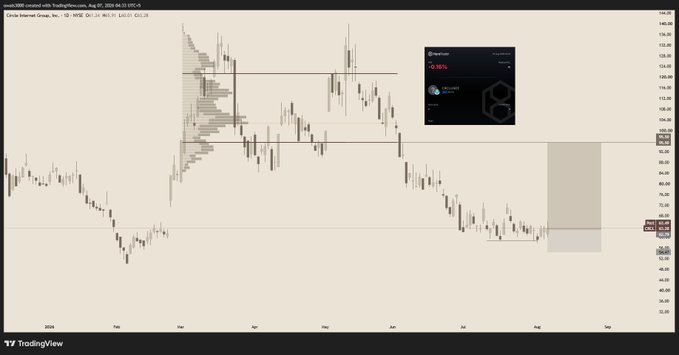 TradingView chart displaying a long-term candlestick pattern for 'Circle Internet Group' with volume profile overlay, showing price action between approximately $80-160, alongside a smaller Crypto.com price widget.