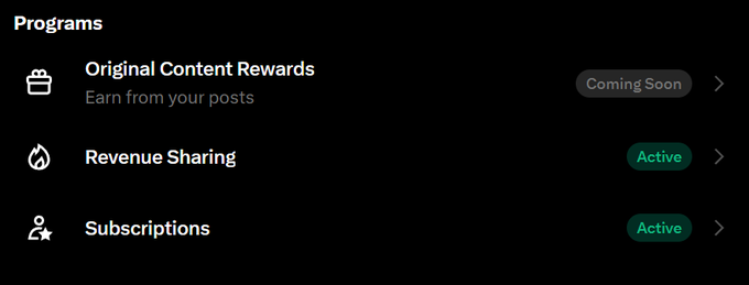 A dark-themed app menu titled 'Programs' listing three options: 'Original Content Rewards' (Coming Soon), 'Revenue Sharing' (Active), and 'Subscriptions' (Active).