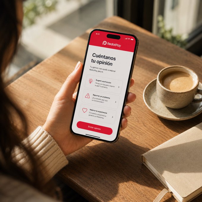 A person holds a smartphone displaying a 'RedotPay' feedback screen in Spanish ('Cuéntanos tu opinión') next to a cup of coffee and a notebook on a wooden table.