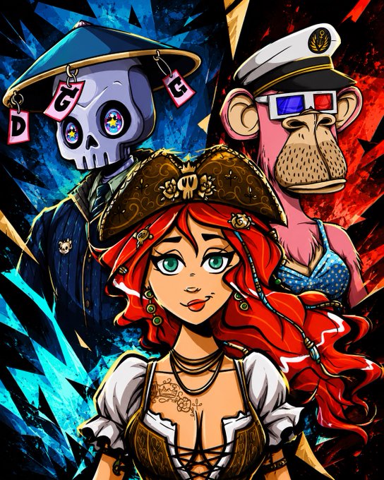 A vibrant pirate-themed illustration features a red-haired woman in a pirate hat in the foreground, flanked by a skeleton in a hat with 'D' and 'G' tags and a pink ape in a captain's hat with 3D glasses.