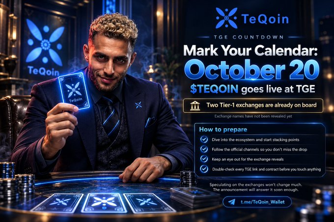 A promotional graphic for TeQoin cryptocurrency featuring a man in a suit holding a branded card, announcing that $TEQOIN goes live on October 20 at TGE with two Tier-1 exchanges on board.