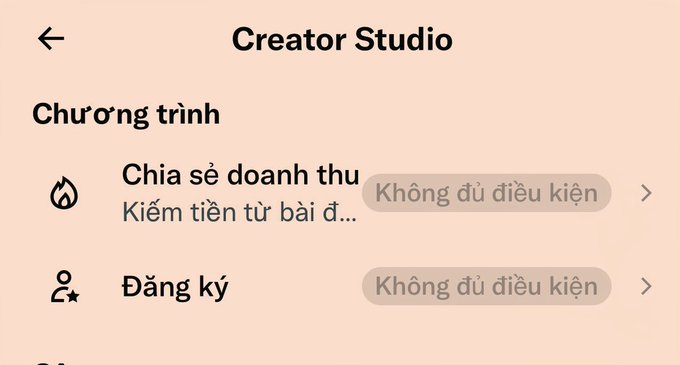 A screenshot of TikTok's Creator Studio in Vietnamese, showing two program options—"Chia sẻ doanh thu" (Revenue Sharing) and "Đăng ký" (Subscribe)—both marked "Không đủ điều kiện" (Not eligible), reflecting the creator's post about not yet qualifying for monetization features during the bear market period.